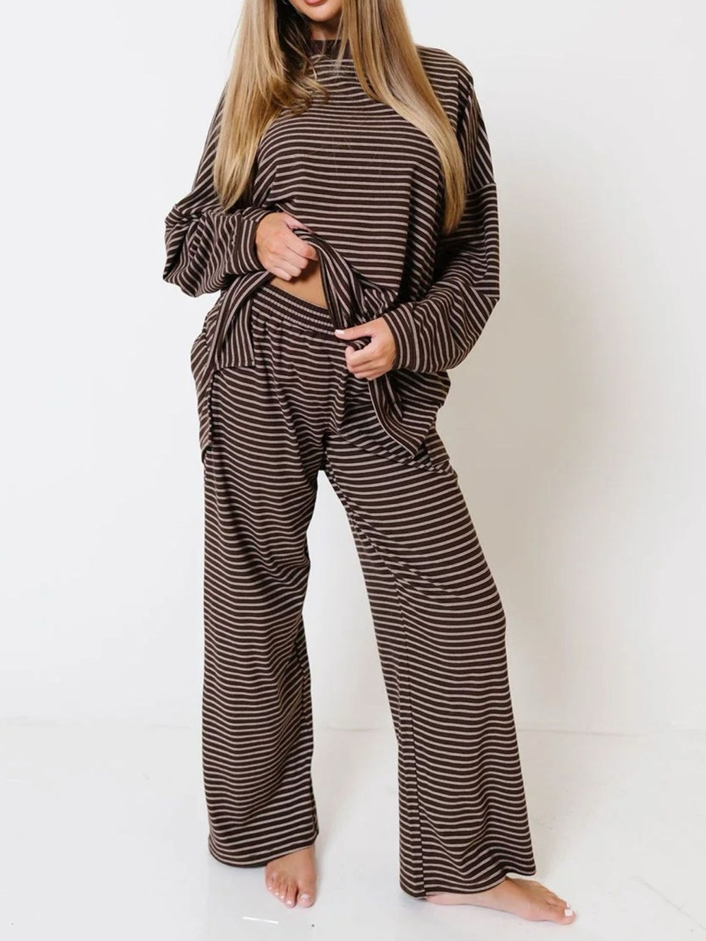 Striped Long Sleeve Top and Wide Leg Pants Set